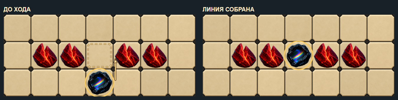 Радужный джокер перемещается вверх между четырьмя красными камнями и завершает линию